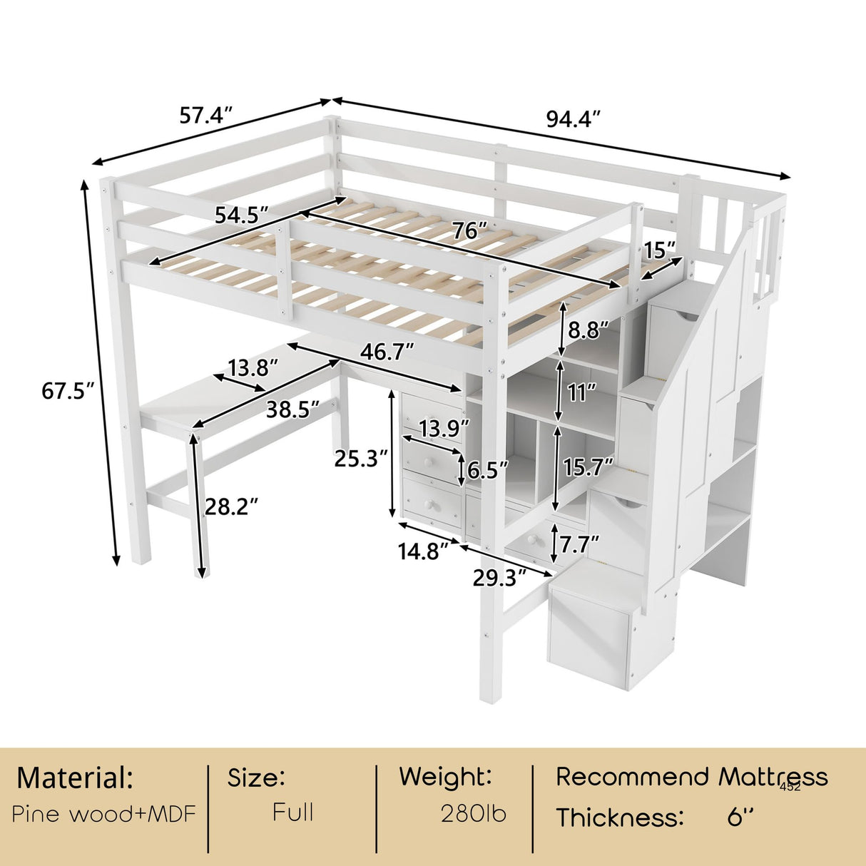 Full Size Loft Bed with Desk and Stairs Wood Loft Beds with Storage Cabinet and Bookcase High Loft Bed Frame with Staircase Shelves for Kids, Teen, Boys, Girls, White Bellemave