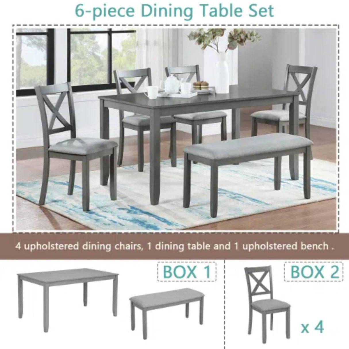 Trygoal 6-Piece Dining Table Set for 4-6 People, Kitchen Set with 4 Upholstered Chairs and One Bench, Living Room Chairs with X-Shape Backrest, Rectangular Wooden Table for Home Bar and Kitchen, Gray Trygoal