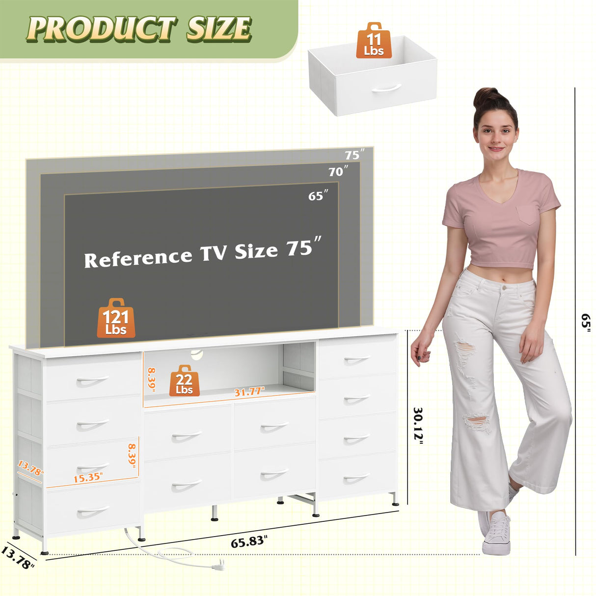 WLIVE White Dresser for Bedroom, Dresser TV Stand for 65, 70, 75 inch TV with Led Lights & Charging Station, Fabric Chest of Drawers with Open Shelves, 12 Drawer Dressers for Closet, Living Room WLIVE