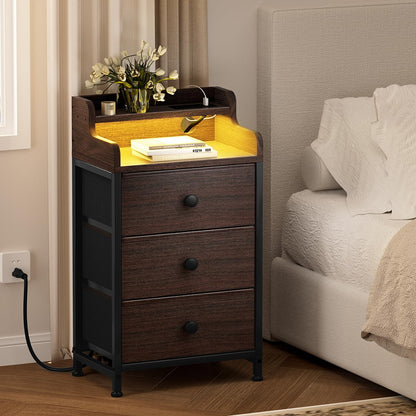 REAHOME Nightstand with Charging Station and LED Light, Tall Brown Night Stand with 3 Drawers and 2-Tier Shelf, Bedside Table with Sturdy Steel Frame Wood Top for Bedroom, Living Room - Brown - WoodArtSupply