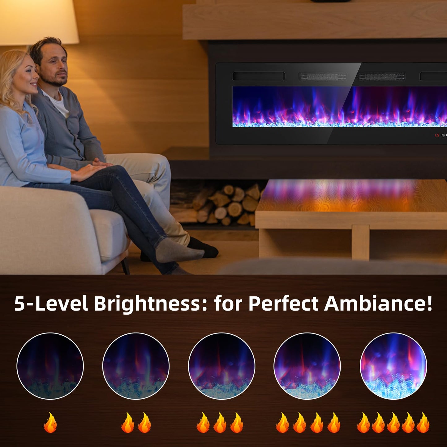 BREEZEHEAT 60 inch Electric Fireplace Wall Mounted/Freestanding-Ultra Thin Fireplace Inserts for Living Room with Heater, Remote Control, Touch Screen, Led Flame, 8H Timer, 750w/1500w