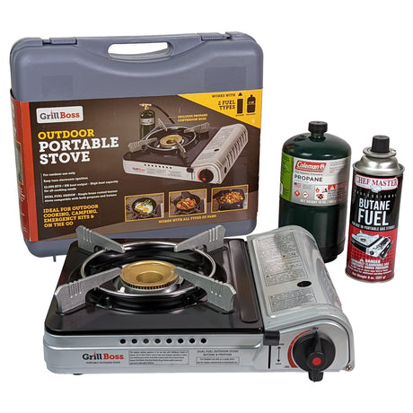 Grill Boss Dual Fuel Portable Stove, 12K BTU Camp Stove, Butane & Propane Portable Camping Stove, Portable Stove Dual Fuel Butane and Propane Stove for Emergency, Cooking, Hiking, Backpacking -90057 Chef Master