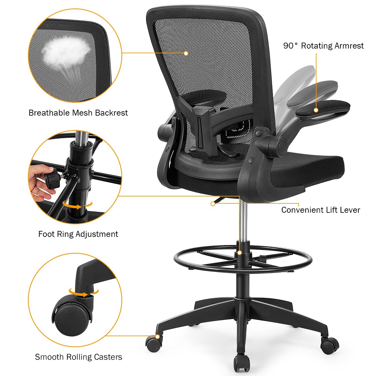 Giantex Drafting Chair, Ergonomic Tall Office Chair with Adjustable Lumbar Support & Footrest Ring, Executive Computer Standing Desk Chair with Flip-up Armrests, High Back Office Rolling Stool, Black Giantex
