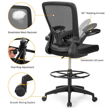 Giantex Drafting Chair, Ergonomic Tall Office Chair with Adjustable Lumbar Support & Footrest Ring, Executive Computer Standing Desk Chair with Flip-up Armrests, High Back Office Rolling Stoo - WoodArtSupply