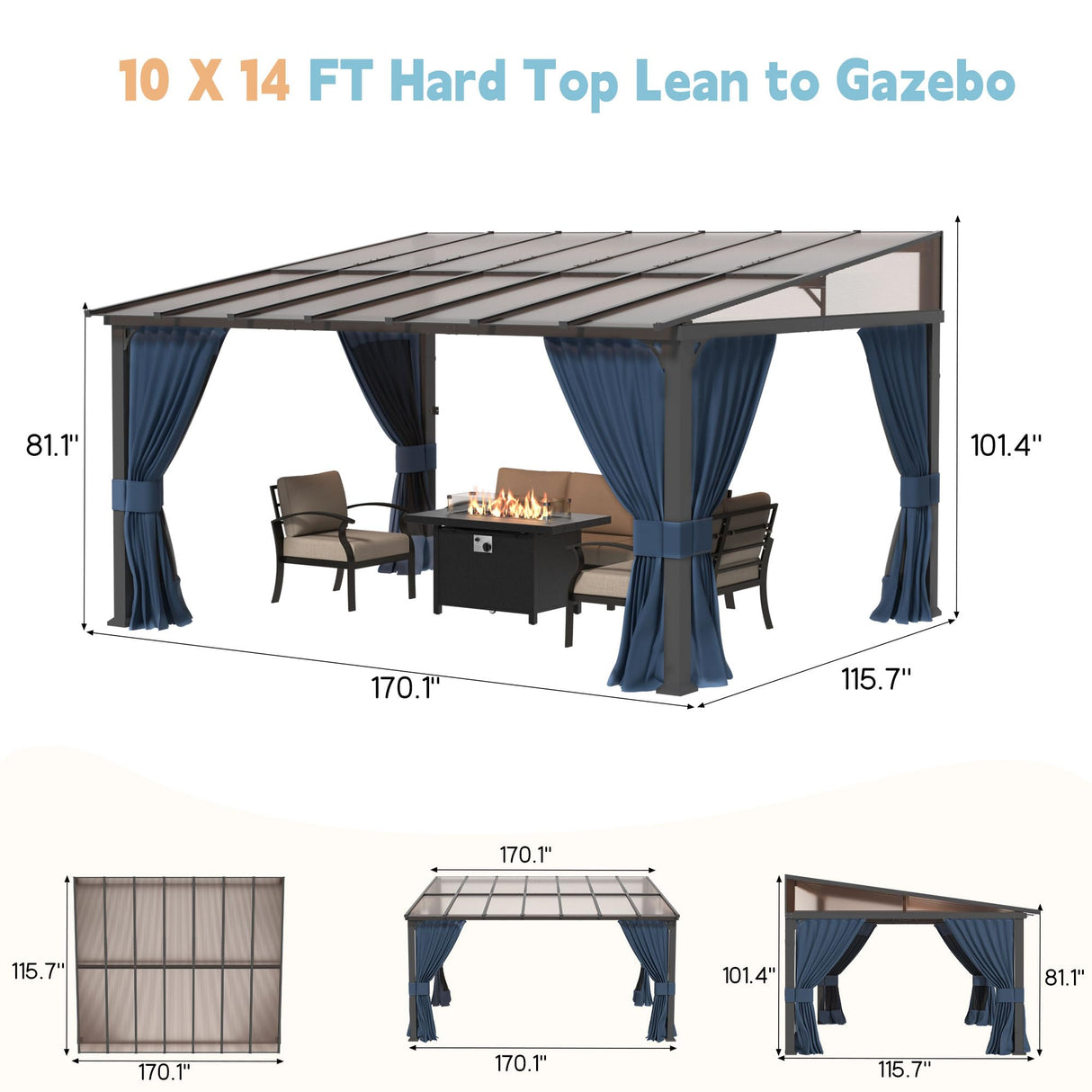 RTDTD 10' x 14' Gazebo，Hard Top Lean to Gazebo Wall Mount Heavy Hardtop Gazebo Outdoor Pergola with Curtains and Netting for Patio Garden Lawn Backyard Deck (Navy) RTDTD
