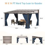 RTDTD 10' x 14' Gazebo，Hard Top Lean to Gazebo Wall Mount Heavy Hardtop Gazebo Outdoor Pergola with Curtains and Netting for Patio Garden Lawn Backyard Deck (Navy) RTDTD