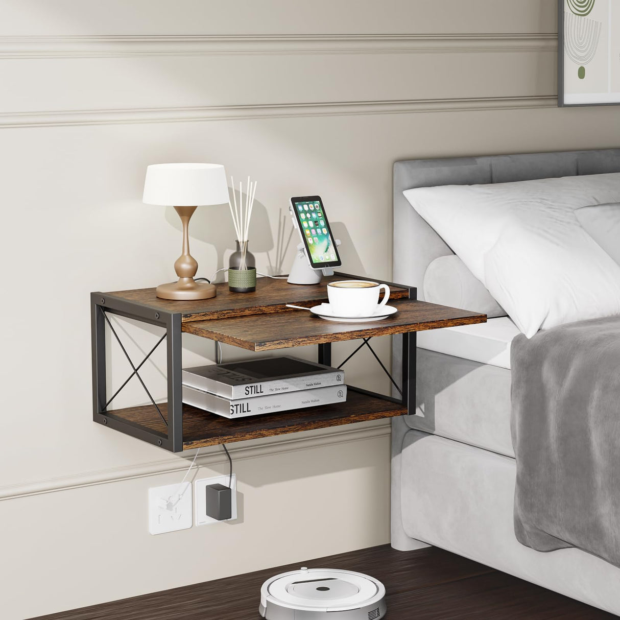 2-Tier Floating Nightstand, Wall Mounted Bedside Table, Wood Bedside Shelf Wall Mounted Nightstand, Floating Bedside Table Wall Shelf for Bedroom, Living Room, Kitchen, Office, Rustic Brown FNBAR