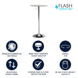 Flash Furniture Chad 23.5'' Round Glass Cocktail Table with Adjustable Height Frame, Bar Height Table for Commercial or Residential Use, Clear/Chrome Flash Furniture