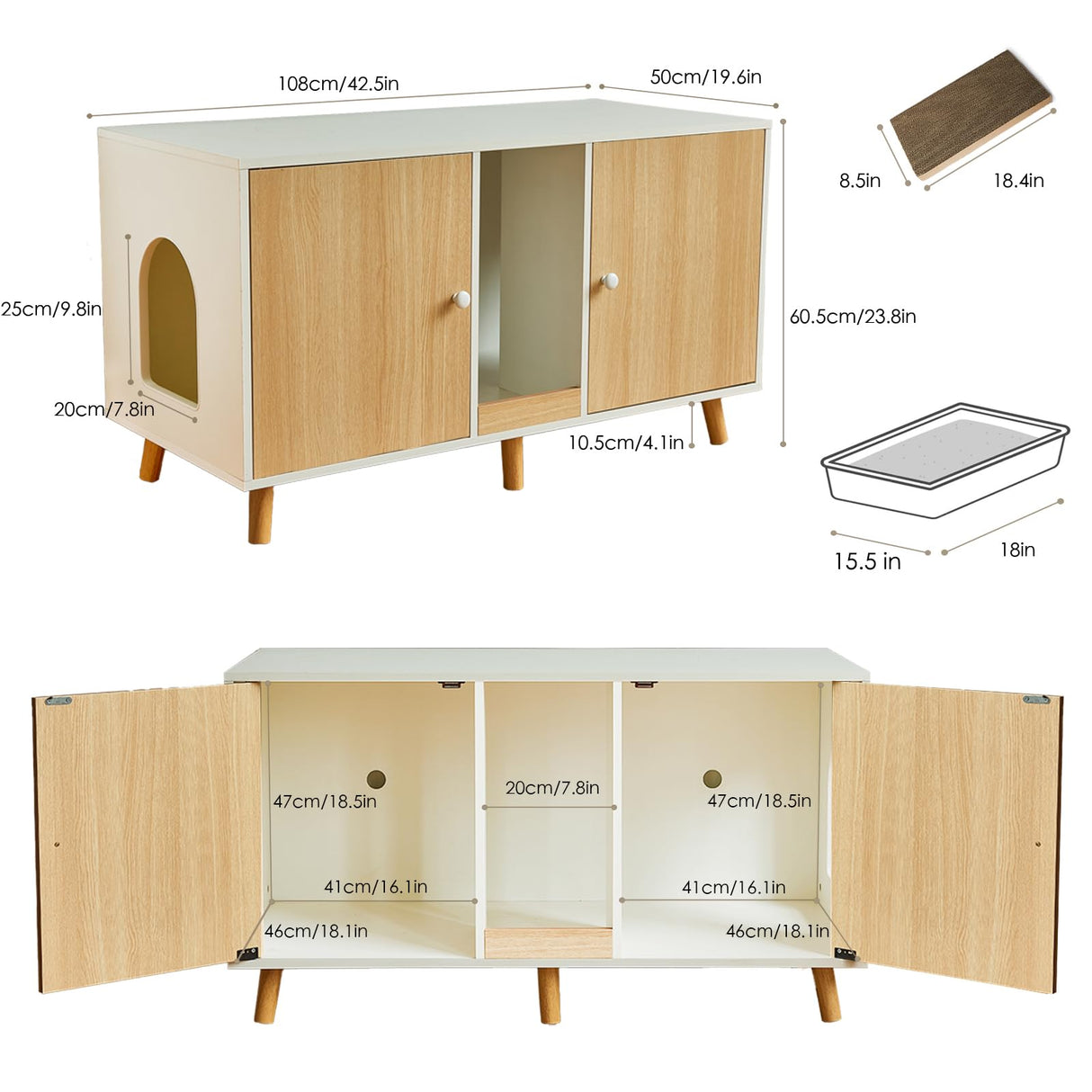 JanflyHome Litter Box Enclosure for 2 Cats - 42.5" Double Hidden Cat Litter Box Cabinet with Scratching Pad Large Space Indoor Pet House Crate Furniture Modern, Wood JanflyHome