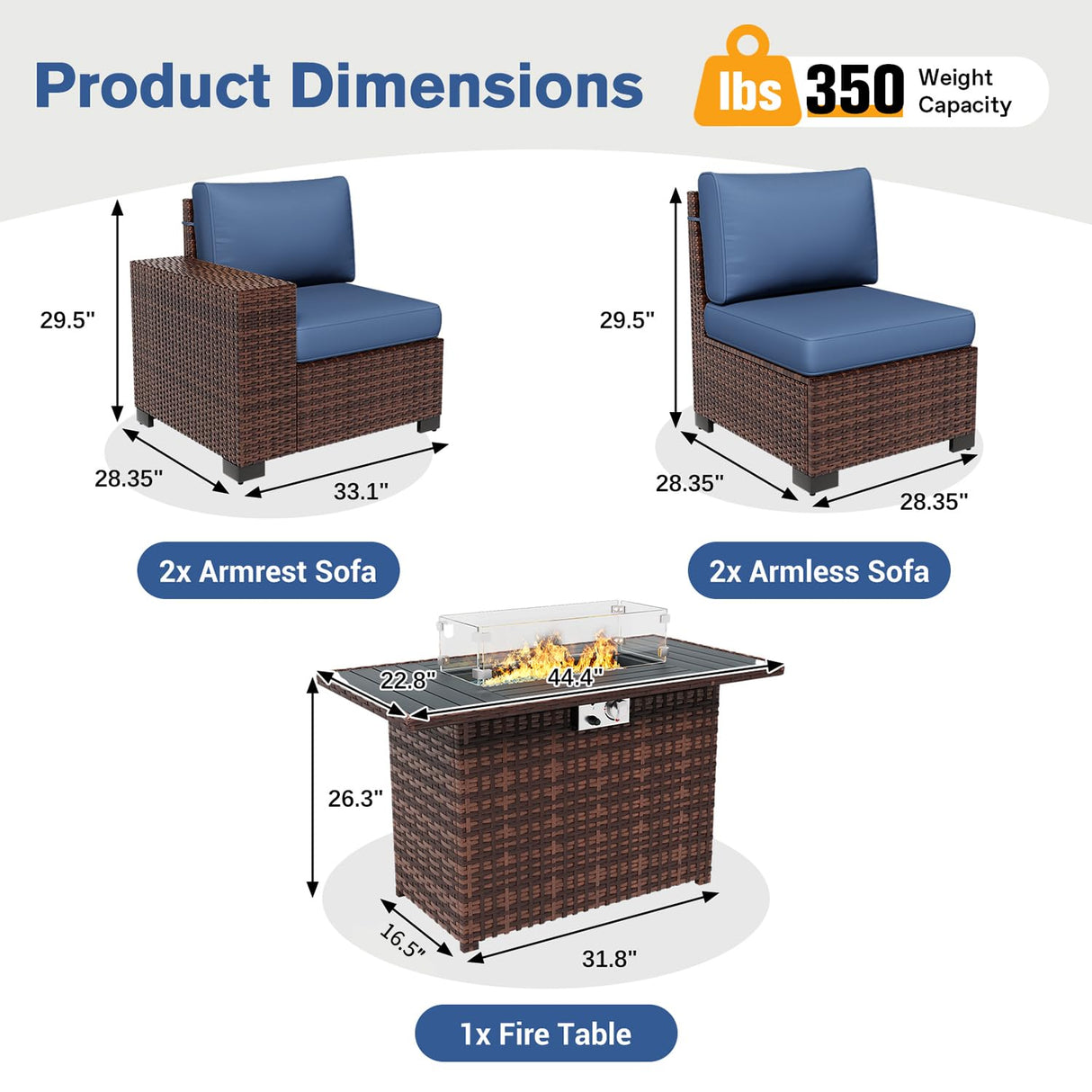 VONZOY 5 Piece Patio Furniture Set with Fire Pit Table, Wide Armrest Modular Outdoor Conversation Sets Brown PE Wicker Rattan Sectional Sofa, 4'' Thickened Cushion Navy Blue VONZOY