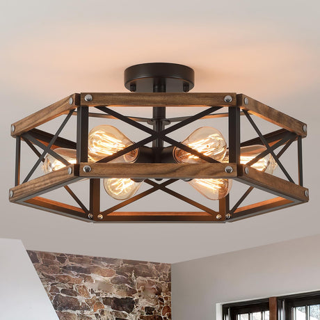 6-Light Large Rustic Farmhouse Wood Flush Mount Ceiling Light Fixture 20 inch Oak Wood and Metal Cage Semi Flush Mount Ceiling Light for Hallway Entry Dining Farmhouse Bedroom Living Room, Black RKUCSR