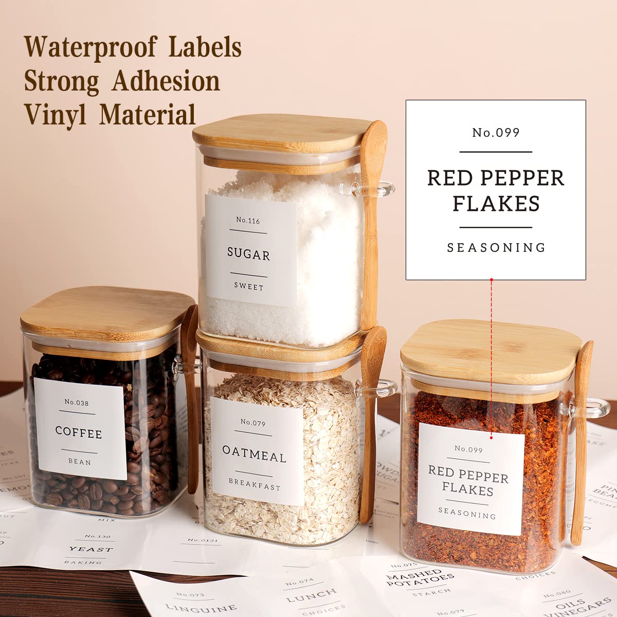 CZZGSM Set of 4 Square Glass Jar with Bamboo Lids and Spoons – Airtight 27 oz Borosilicate Glass Food Storage Contaienrs with 132 Kitchen Pantry Labels for Coffee, Tea, Sugar CZZGSM