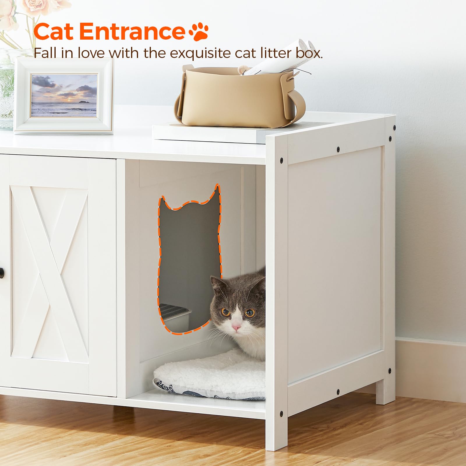 MAHANCRIS Cat Litter Box Enclosure, Hidden Litter Box Furniture with Divider, Wooden Cat Washroom Storage Cabinet Bench, Indoor Cat House as Table Nightstand, for Living Room, Bedroom, White  - WoodArtSupply