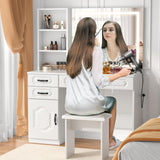 VOWNER Vanity with Lighted Mirror - Makeup Vanity Desk with Glass Top, Power Strip, Drawers and Shelves, 3 Color Lighting Modes Adjustable Brightness, Vanity Table with Cushioned Stool, 45'' L VOWNER