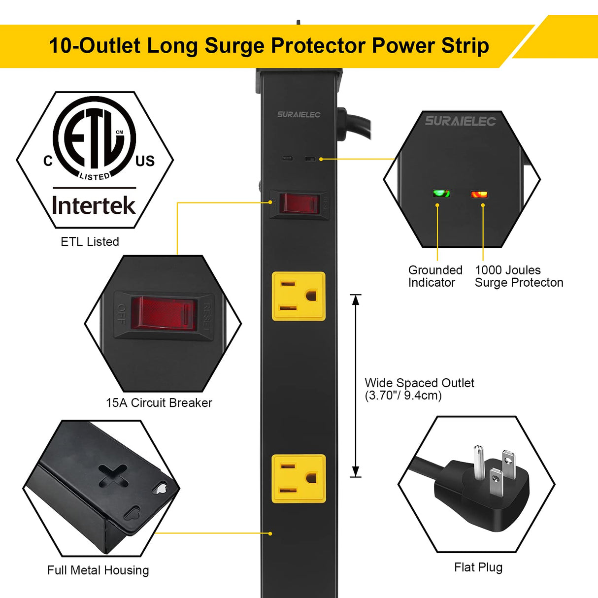 SURAIELEC 10 Outlet Long Power Strip Surge Protector, Industrial Heavy Duty Metal Shop Power Strip with Flat Plug, 1000 Joules, 15 AMP Breaker, 6FT Cord, Wall Mountable, for Work Bench, Shop, Garage SURAIELEC