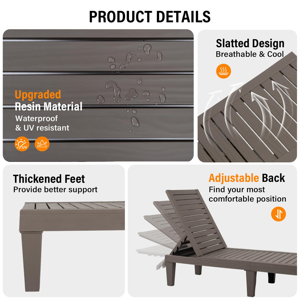 VINGLI Outdoor Chaise Lounge Chair Set of 2, Waterproof Outdoor Lounge Chair with 5-Level Adjustable Backrest, Patio Chaise Lounges for Garden, Pool, Beach Patio Deck Sunbathing (Light Taupe, 2 PCS) VINGLI