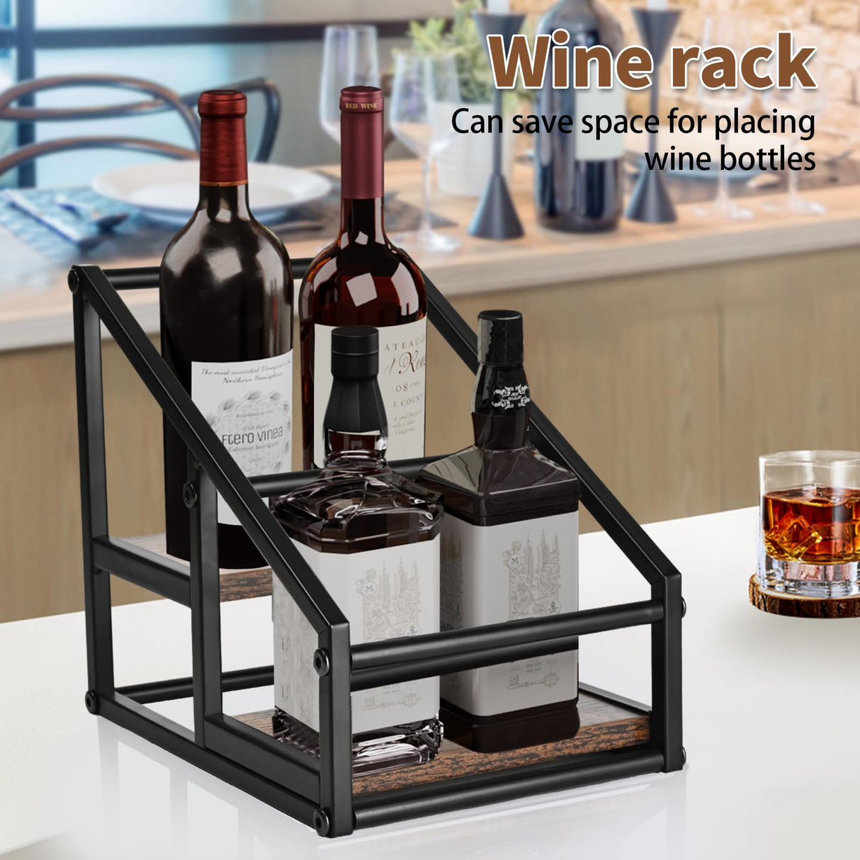 YQBRAO Coffee Syrup Rack Organizer,Liquor Bottle Display Shelf,2-Tier 4 Bottle Stand for Coffee Bar, Kitchen Station, Liquor, Wine, Dressing,Rustic Brown YQBRAO