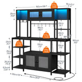 HOOBRO Bakers Rack with Power Outlet and LED Light, 59.1'' Industrial Microwave Stand, Coffee Bar Cabinet with Storage, Goblet Holder & 6-S Hooks, Kitchen Storage Shelf with Cabinet, Black BB17UDHB01 HOOBRO