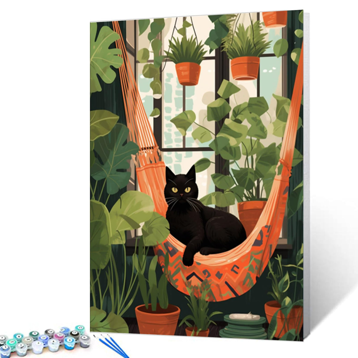 Cat and Pottings DIY Paint by Numbers for Adults Black Cat Laying on Hammock Surrounded by Green Plants DIY Oil Painting Acrylic Paint Art Graffiti Painting Kit Canvas 16x20 Inch（without Frame ） Tucocoo