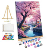 JOOZ Cherry Blossom Paint by Numbers Kit for Adults Framed Lake Paint by Number with Easel DIY Sakura Oil Painting by Numbers Adult Paint by Number Kits on Canvas Framed for Home Wall Decor 8x12 Inch JOOZ