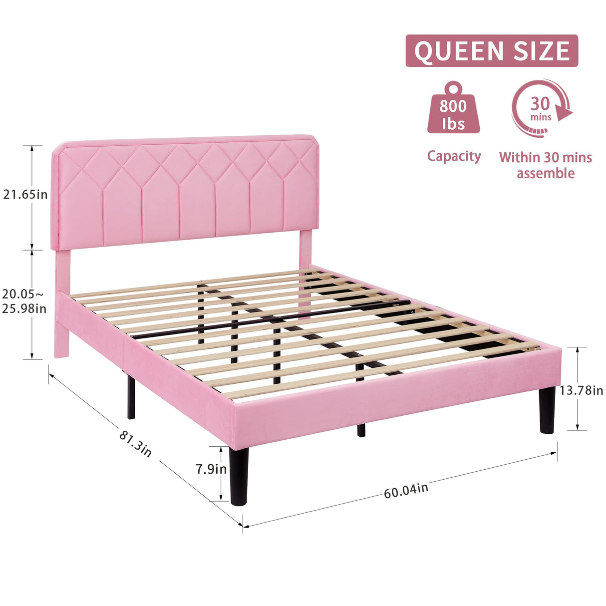 VECELO Queen Size Bed Frame Premium Velvet Upholstered Platform with Height Adjustable Headboard/Mattress Foundation, Solid Wooden Slat Support, No Box Spring Needed/Easy Assembly VECELO