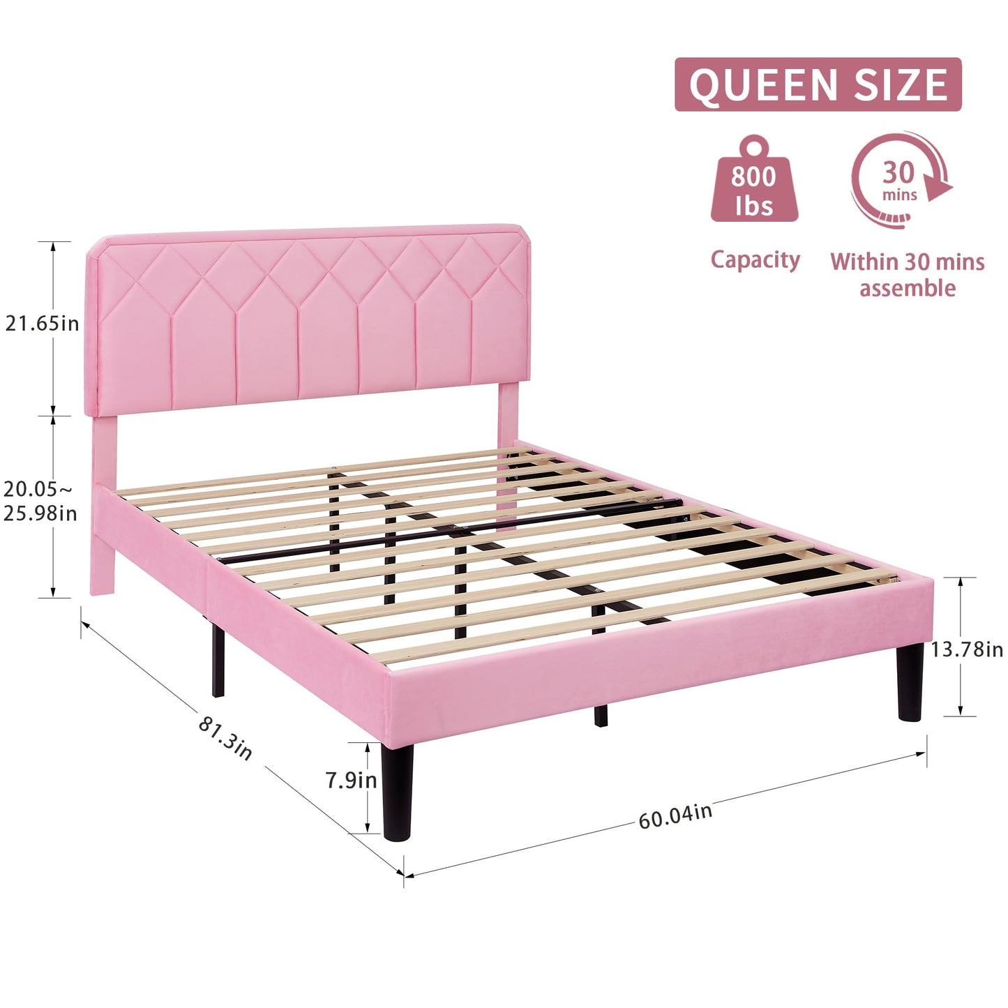 VECELO Queen Size Bed Frame Premium Velvet Upholstered Platform with Height Adjustable Headboard/Mattress Foundation, Solid Wooden Slat Support, No Box Spring Needed/Easy Assembly