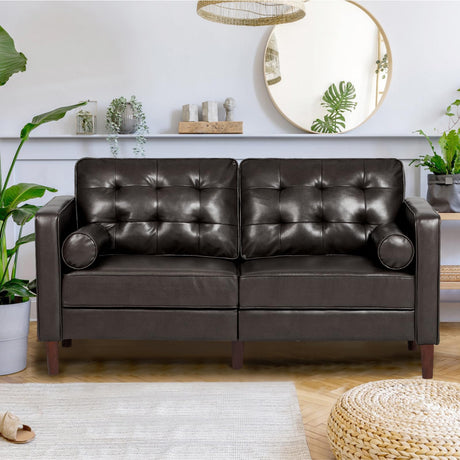 ACMEASE 67" Premium Faux Leather 2-Seater Sofa with 2 Bolster Pillows and Tufted Backrest, Mid-Century Modern Loveseat Sofa, Luxury Couch for Living Room, Bedroom, Office, Dark Brown ACMEASE