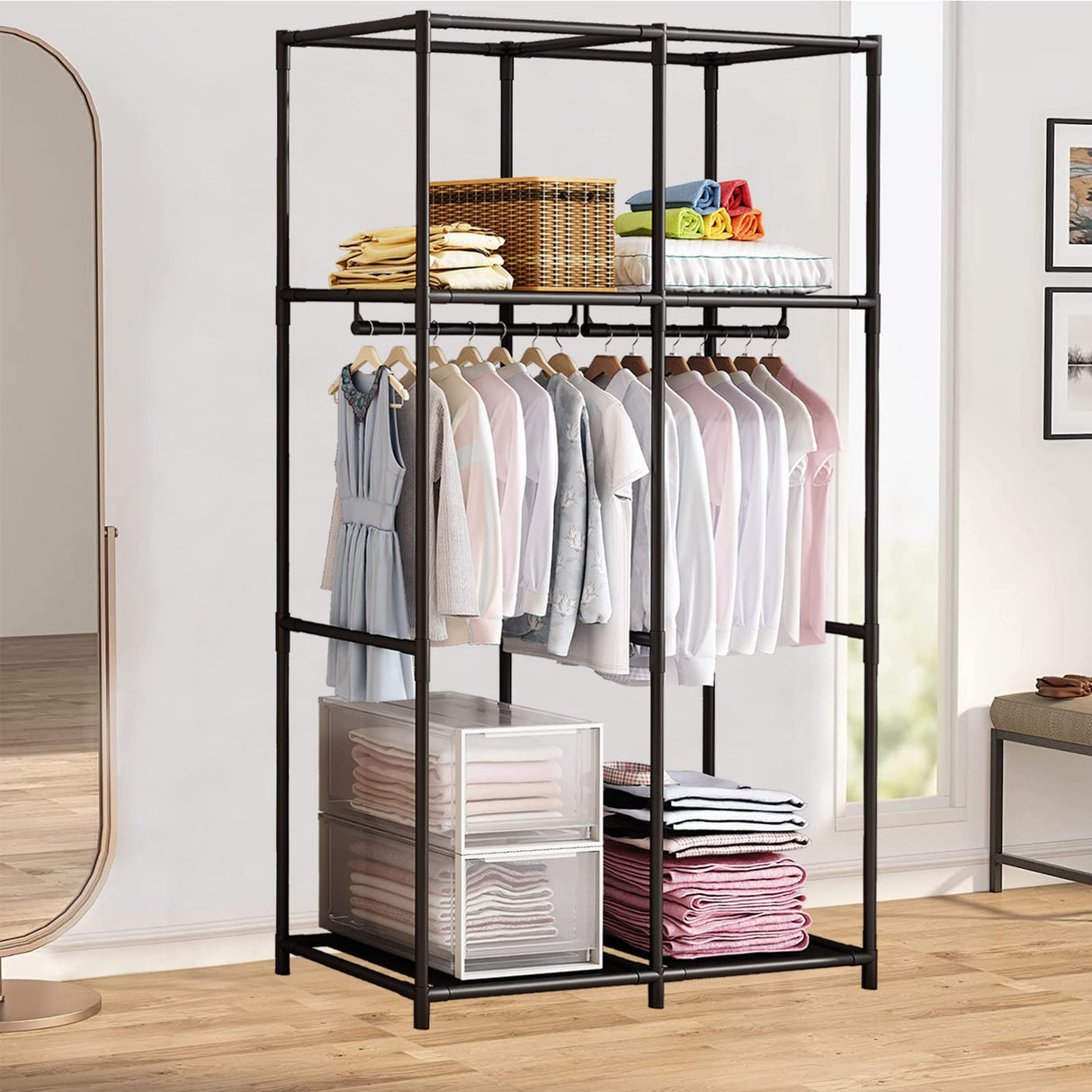 SORCEDAS Portable Wardrobe Closet Storage Organizer Metal Hanging Rack Non-Woven Fabric 34 Inch Black SORCEDAS