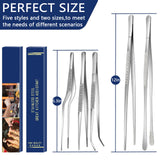 5 Pcs Kitchen Fine Tweezers Tongs, Stainless Steel Food Tongs Set, Professional Kitchen Long Tongs for Cooking,Repairing,Sea food,BBQ,Multi-use(12"and 6.3") Tangoowal