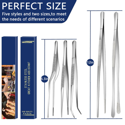 5 Pcs Kitchen Fine Tweezers Tongs, Stainless Steel Food Tongs Set, Professional Kitchen Long Tongs for Cooking,Repairing,Sea food,BBQ,Multi-use(12"and 6.3")