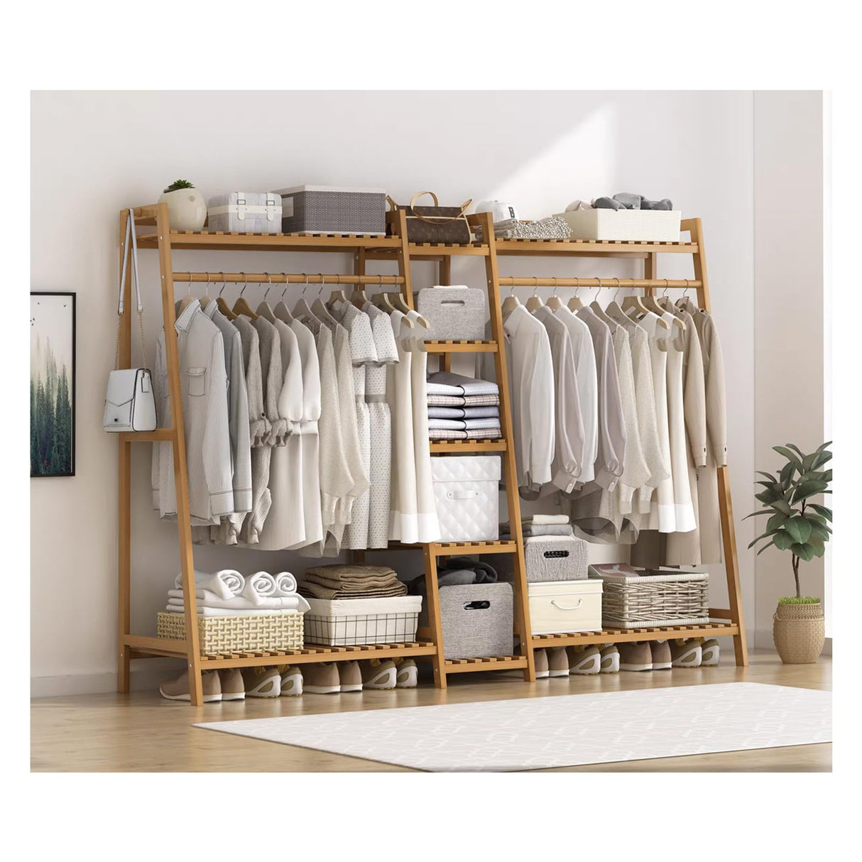 Baveke Bamboo Garment Rack 9 Tier Storage Shelf Coat Clothes Hanging Rack, Portable Wardrobe Closet Organizer With Top Shelf, Shoe Storage Shelves for Bedroom (Natural - 74.8 in) Baveke