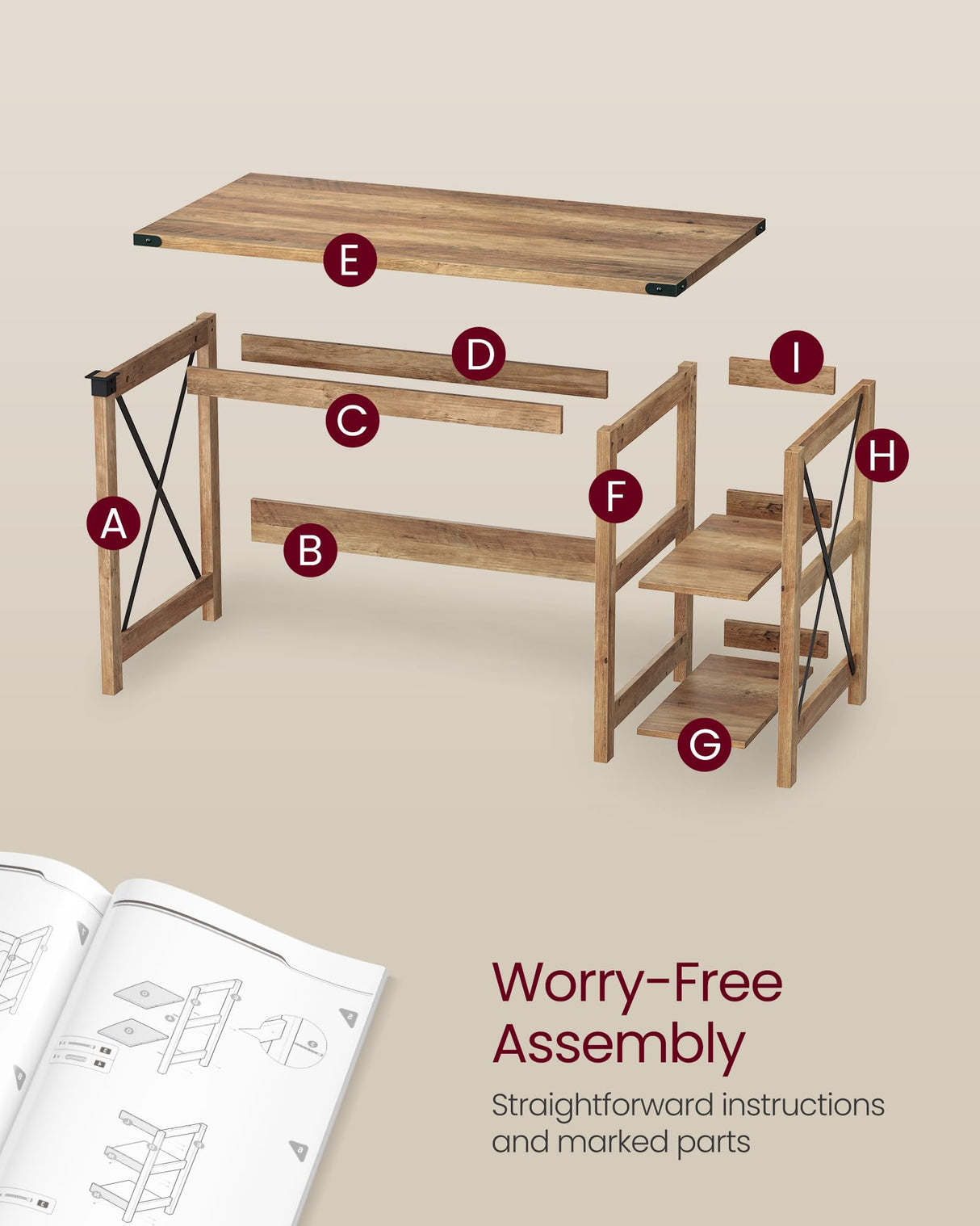 VASAGLE Computer Desk, Home Office Desk with Storage Shelves on Right or Left, Farmhouse, for Work Study Gaming Writing, 23.6 x 47.2 x 29.5 Inches, Honey Brown ULWDAM090T41 VASAGLE