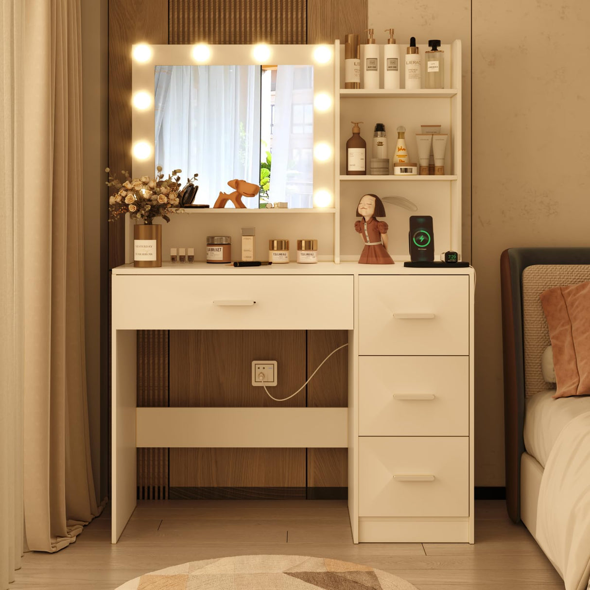 DINGIPP Makeup Vanity Desk with Lighted Mirror and Charging Station, Makeup Table with 4 Drawers & Storage Shelves, Vanity Desk 3 Color Modes Available, Bedroom Dressing Table for Women, girls (White) DINGIPP