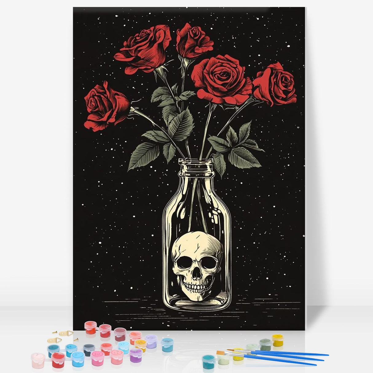 Framed Paint by Numbers Kit for Adults Beginner, Skull and Roses Easy Paint by Number Kits on Canvas Framed, Skull DIY Acrylic Oil Painting by Numbers with Frame for Gift Home Decor 8 x 12 inch GEEHEIY