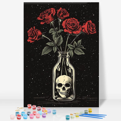 Framed Paint by Numbers Kit for Adults Beginner, Skull and Roses Easy Paint by Number Kits on Canvas Framed, Skull DIY Acrylic Oil Painting by Numbers with Frame for Gift Home Decor 8 x 12 inch
