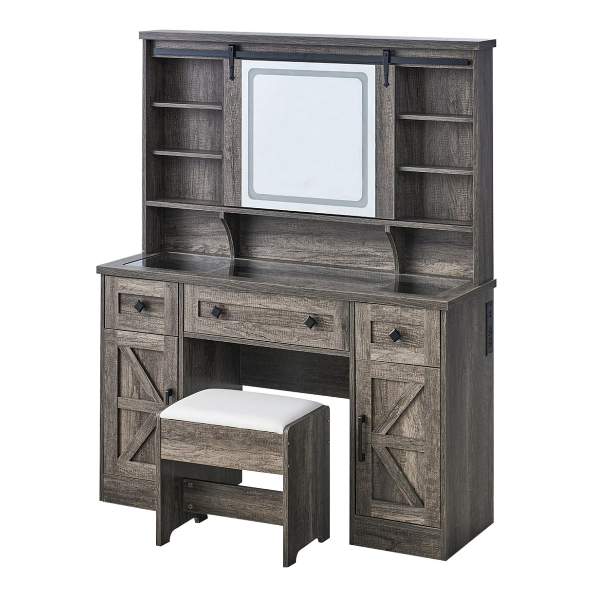 AMERLIFE 47.2" Farmhouse Vanity Desk with Mirror and Lights, Rustic Makeup Vanity Table with Charging Station, Vanity Set with Stool & Storage, LED Sliding Mirror & Glass Top, Dark Oak Finish AMERLIFE