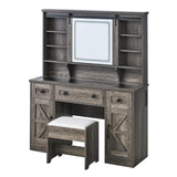 AMERLIFE 47.2" Farmhouse Vanity Desk with Mirror and Lights, Rustic Makeup Vanity Table with Charging Station, Vanity Set with Stool & Storage, LED Sliding Mirror & Glass Top, Dark Oak Finish AMERLIFE