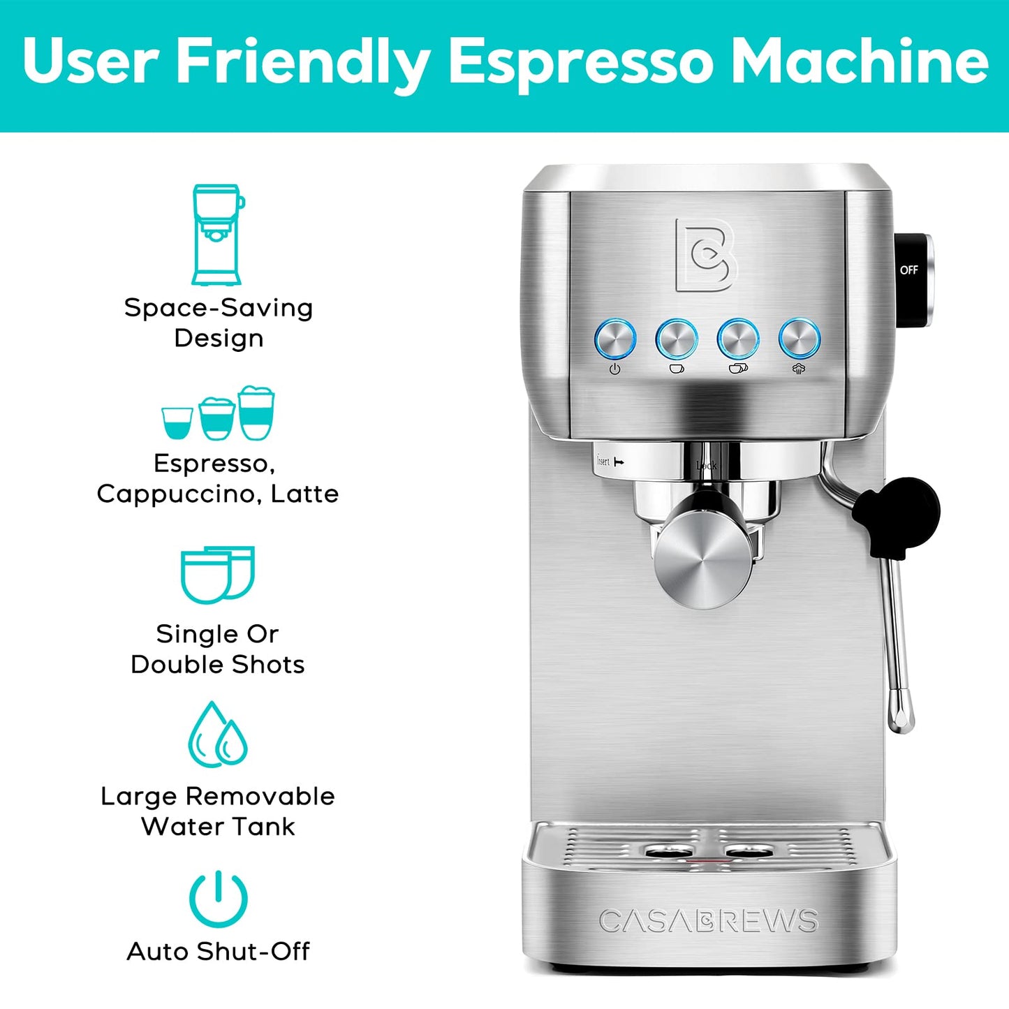 CASABREWS Espresso Machine 20 Bar, Stainless Steel Cappuccino & Latte Machine with Steam Frother for Home, 49oz Water Tank, Silver