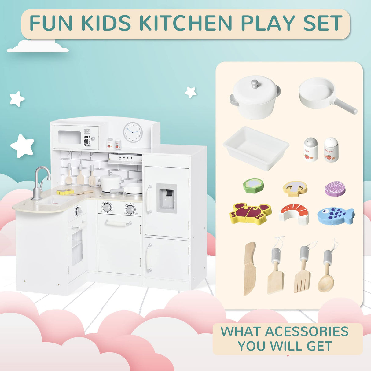 Qaba Kids Play Kitchen Set Pretend Wooden Cooking Toy Set with Drinking Fountain, Microwave, Fridge and Accessories for Age 3 Years, White Qaba