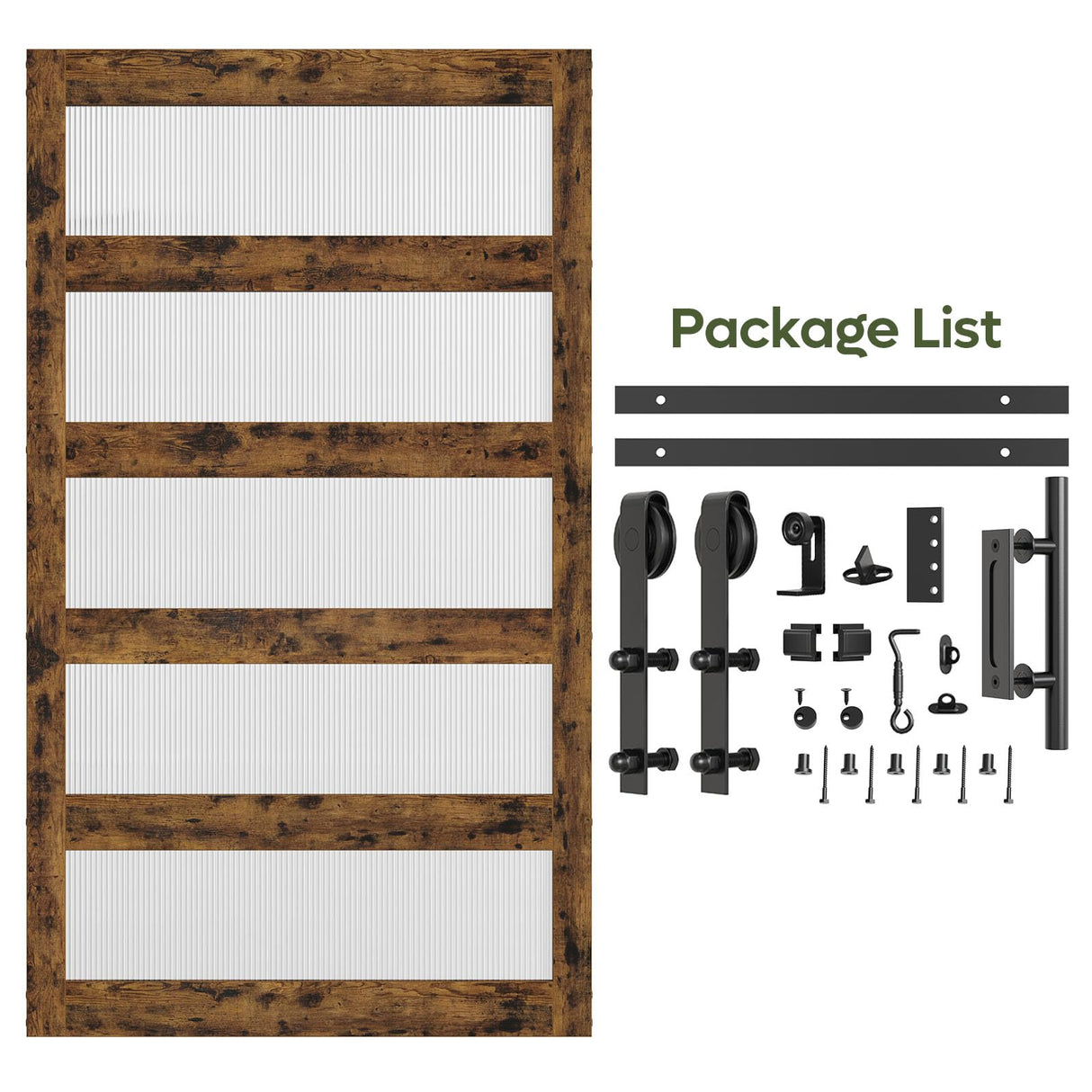 Bestier 48in x 84in Farmhouse Glass Barn Door with 8ft Hardware Kit & Handles, MDF Barn Door Covered with Water-Proof & Scratch-Resistant PVC Surface, Easy Assembly, 5-Panel, Rustic Brown Bestier