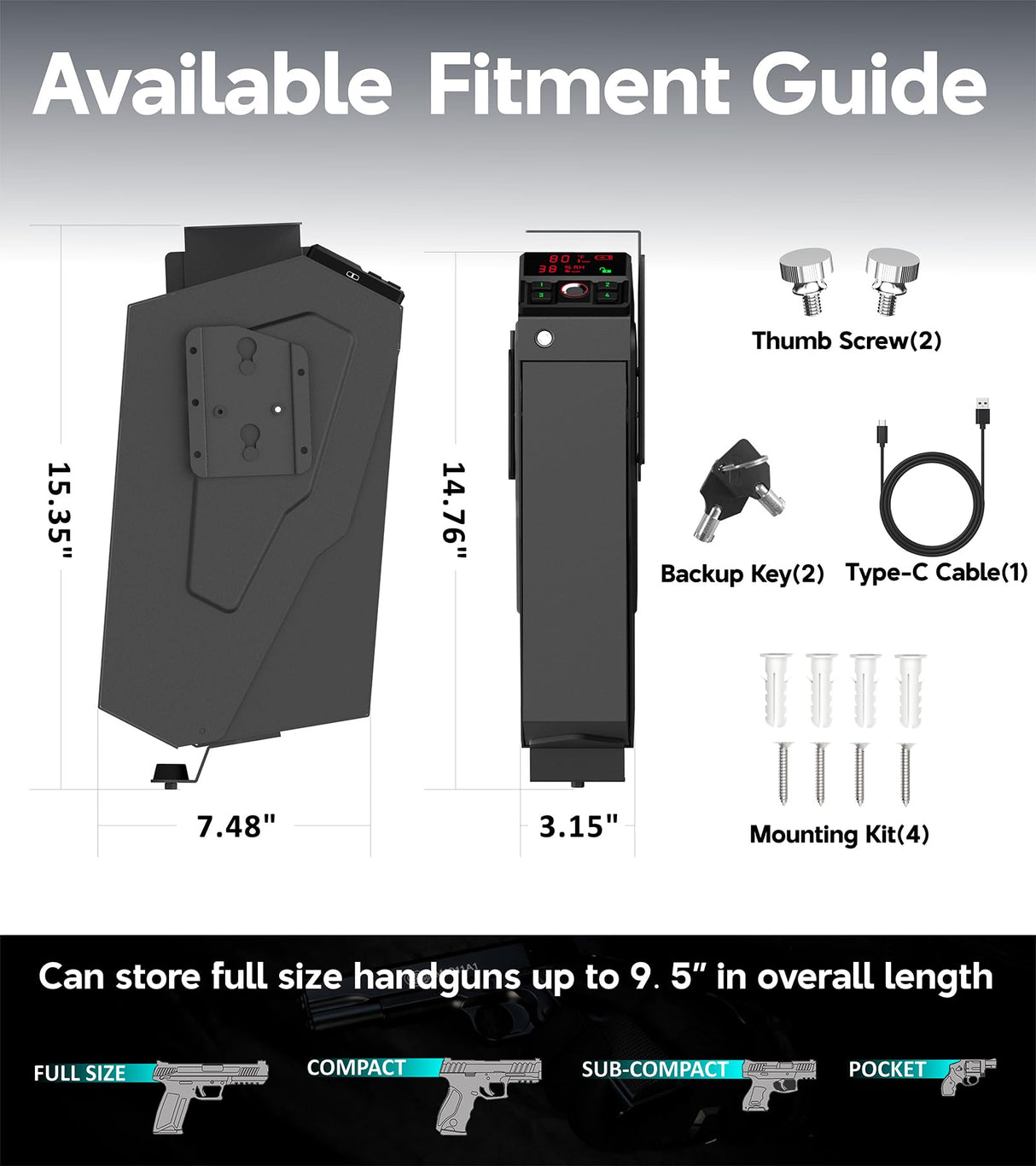 QINGENO Quick-Access Mounted Nightstand Handgun Gun Safe, Drop Down Auto Open Lid Smart Pistol Safe with Biometric Lock/Keypad Lock/Key Lock (QG8002F Biometric) QINGENO