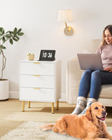 AEPOALUA Nightstand with 3 Drawers,Fluted Bedside Table with Gold Frame,25.7" H White Night Stand,Mid Century Modern Side Accent Table for Bedroom,Living Room AEPOALUA