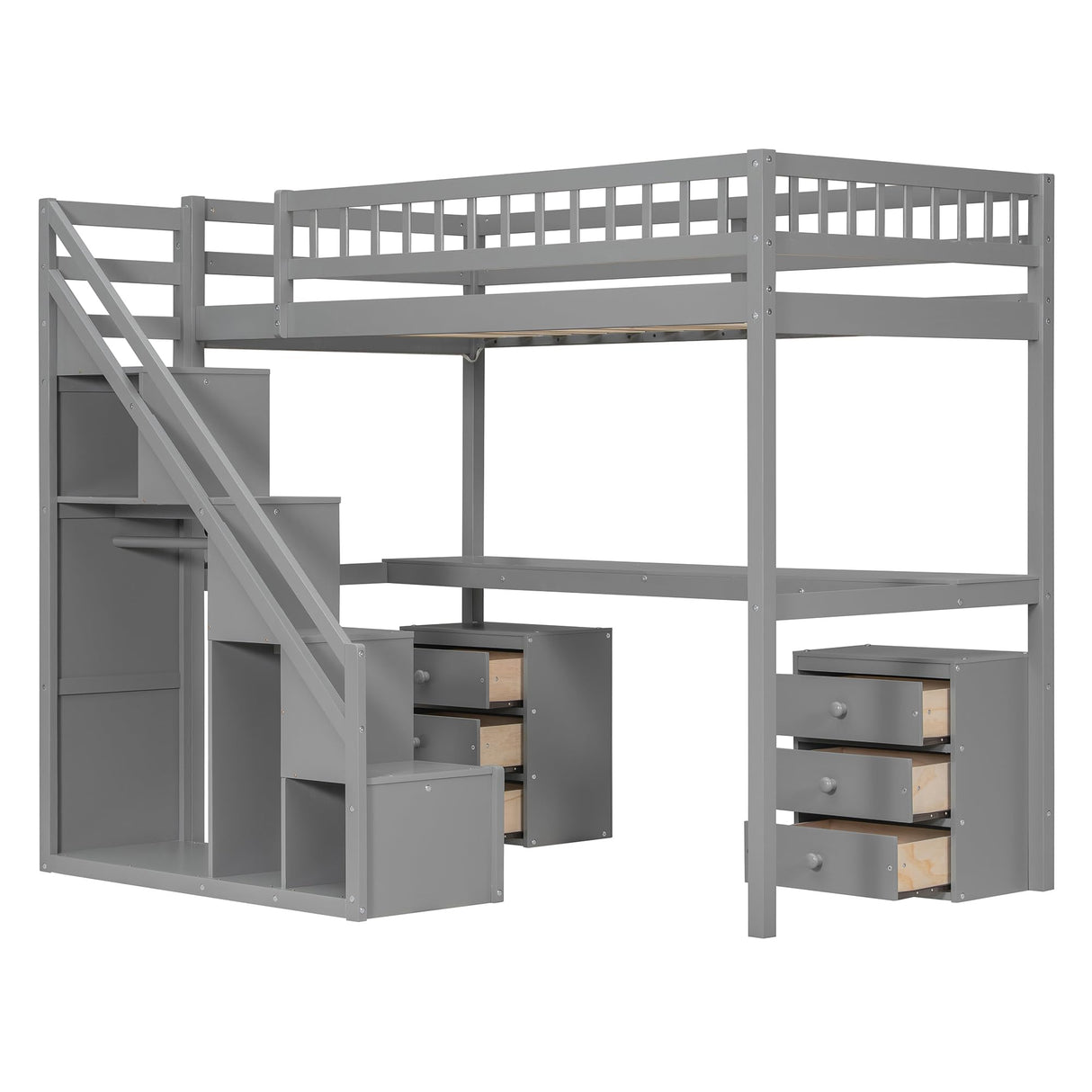Merax Twin Size Wood Loft Bed with Desk, Stairs & Storage, Space Saving Bed with Lights, 2 Drawers, Guardrails, 220LBS Capacity, Gray Merax