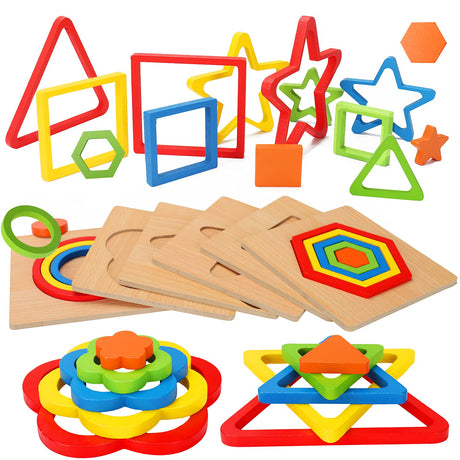 Toddler Puzzles Montessori Toy Wooden Shape Sorting Puzzle Sensory Toy Toddler Activities Preschool Learning Educational Autistic Developmental Toy 1 2 3 Year Old 1-3 0-2 Dementia Game AugToy