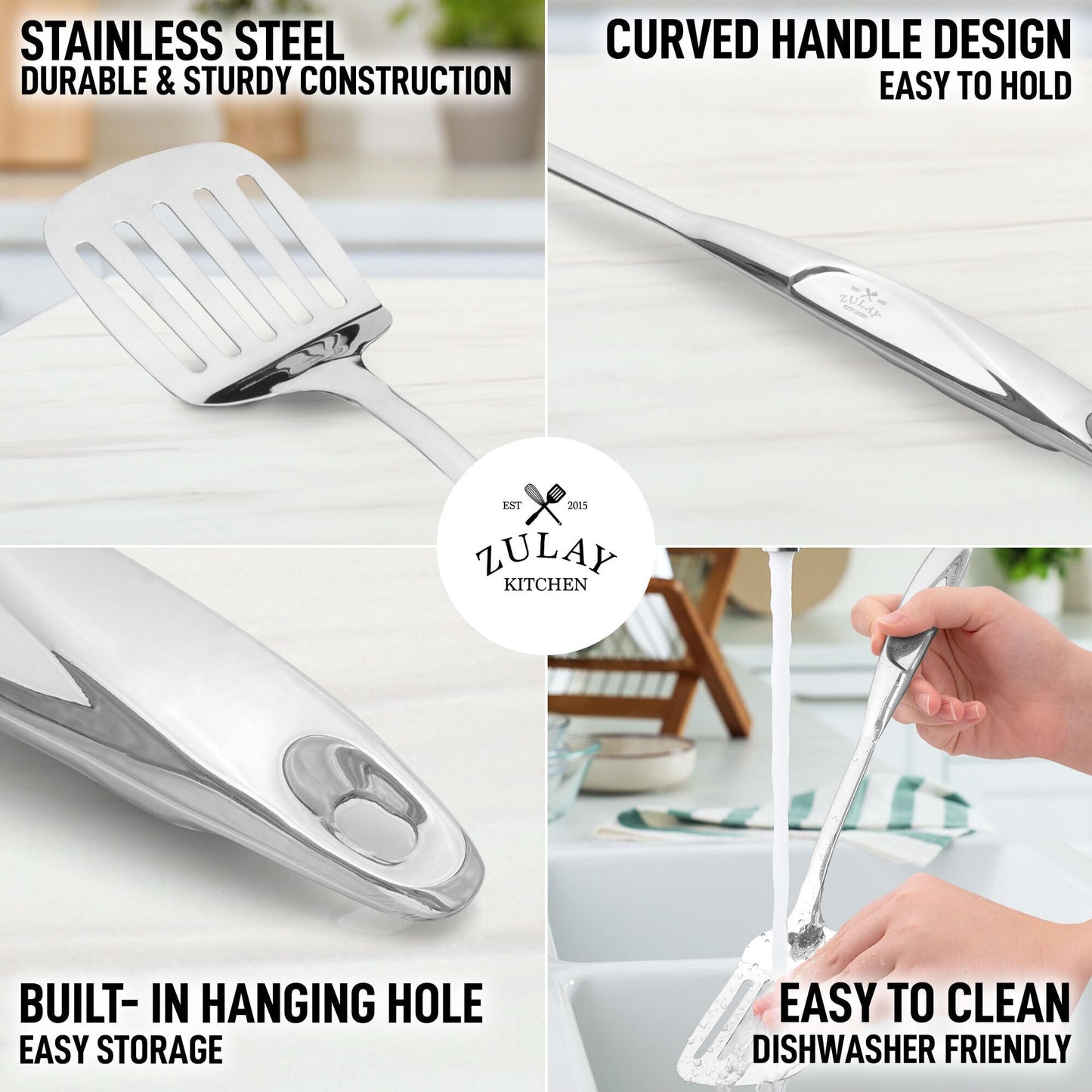 Zulay Kitchen Stainless Steel Cooking Utensil - Stainless Steel Kitchen Utensil - Durable Kitchen Gadgets - Metal Kitchen Accessories - Easy to Clean Kitchen Tools - 5 Piece Set