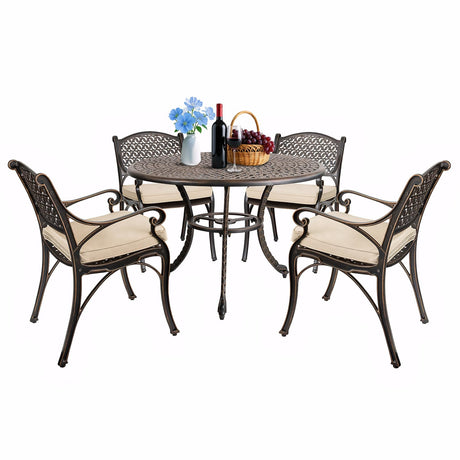 Mazatzal 5-Piece Patio Dining Set, Outdoor All-Weather Cast Aluminum Furniture Set with Umbrella Hole, Outside Table and Chair Set with Cushions, Large Metal Table and Patio Chairs for Patio Garden Mazatzal