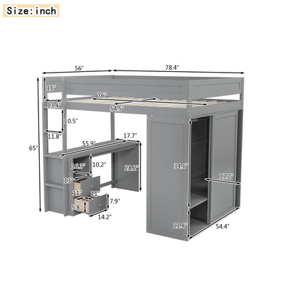 Harper & Bright Designs Gray Full Size Loft Bed with Integrated Desk and Wardrobes - WoodArtSupply