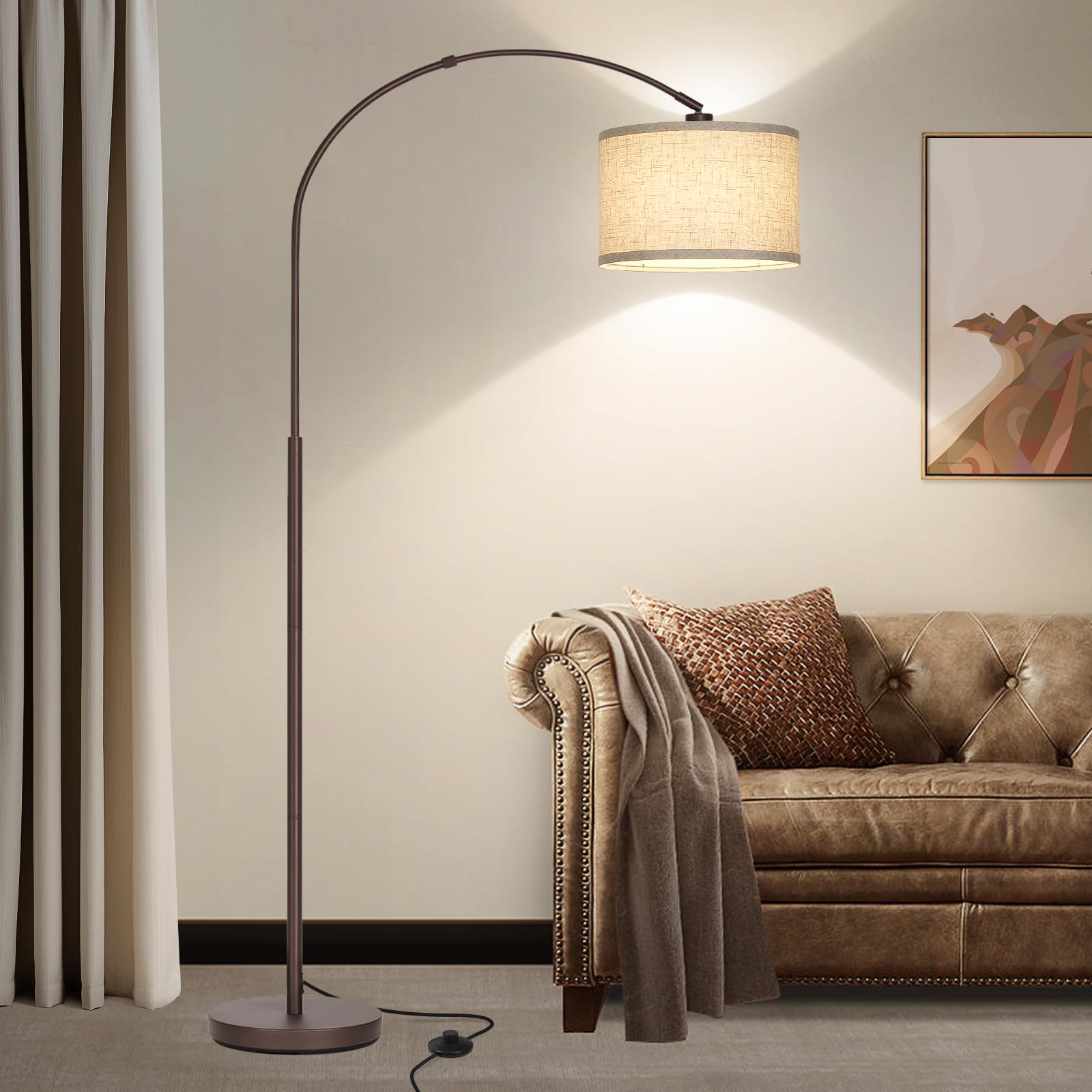 Floor Lamp for Living Room, Arc Floor Lamp with Adjustable Head, Modern Arched Floor Lamp with On/Off Pedal Switch, Over Couch Tall Standing Hanging Light for Reading, Bedroom, Office (Brown) - WoodArtSupply