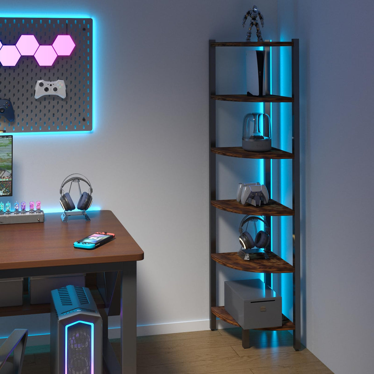 HONGOUZWL Corner Shelf with LED Lights, 6-Tier Corner Bookshelf, 66'' Organizer Book Shelf Shelves Steel Frame Display Stand with Living Room, Bedroom, Study, Rustic Brown HONGOUZWL