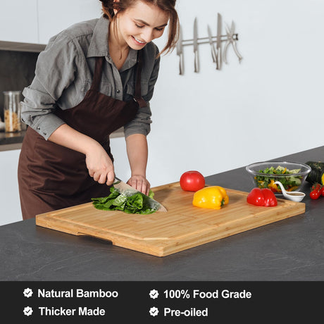 24 x 18 Extra Large Bamboo Serving Boards for Kitchen, Heavy Duty Wood Butcher Block Chopping Board with Handle and Juice Groove for Meat, Large Charcuterie Board, Over the Sink Cutting Board HIWARE